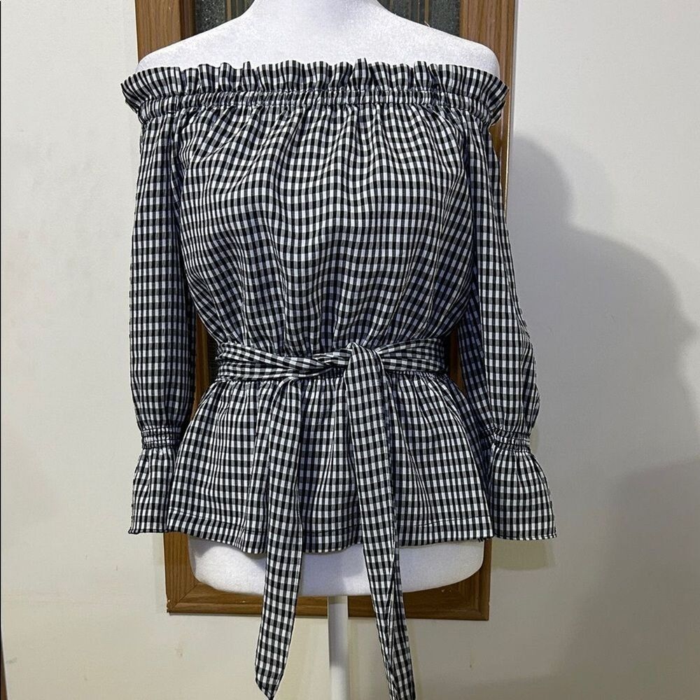 Highline Collective Crop Top Small Black White Gingham Off Shoulder Belted